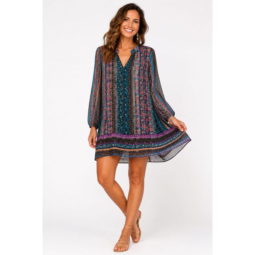 Soft Surroundings Boho Floral‎ Dress Sheer Long Sleeve V Neck Flowy Size L
